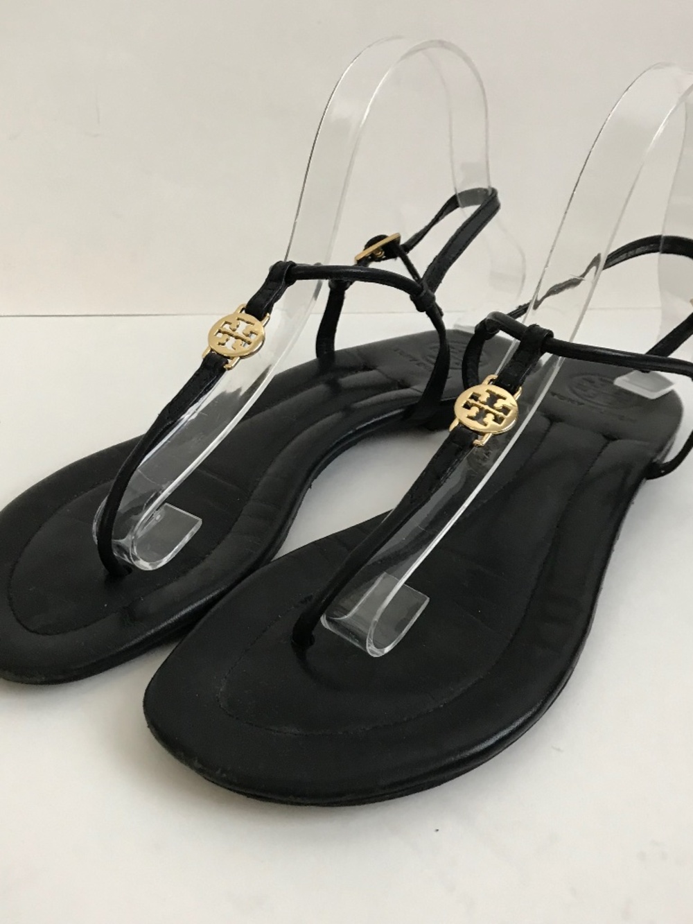 Tory Burch Emmy Black Leather Flat Gold Logo Sandals Size 8 Ankle Strap